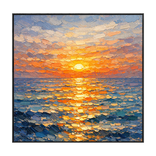 Impasto Ocean Sunset Wall Art Thick Knife Paint Textured Blue Orange Yellow Coastal Nature Artwork Sunset Reflection Sea Wave Vibrant Framed Canvas Painting for Living Room Bedroom Dining Room Office Hallway Home Decor