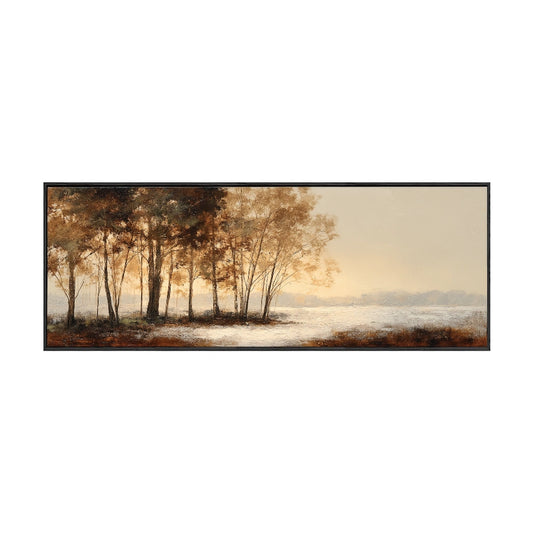 Vintage Muted Brown Beige White Forest Lake Landscape Canvas Wall Art - Framed Panoramic Nature Scene Print for Tranquil Living Room Bedroom Dining Room Office Decor, Textured Earthy Tone Artwork