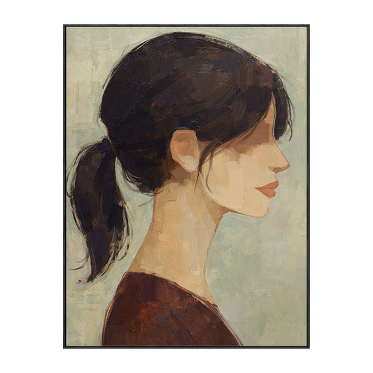 Vintage Muted Woman Profile Portrait Impasto Wall Art Abstract Figure Wall Decor with Brown Black Ponytail Beige Skin Soft Muted Background for Living Room Office Bedroom Dining Room Hallway