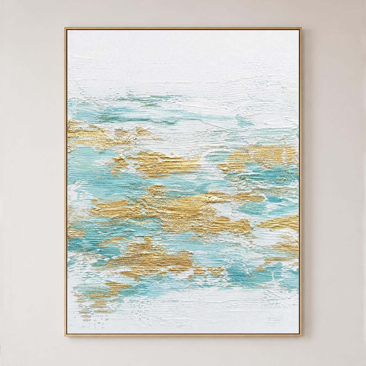 Abstract Turquoise White Gold Textured Contemporary Vertical Wall Art for Living Room