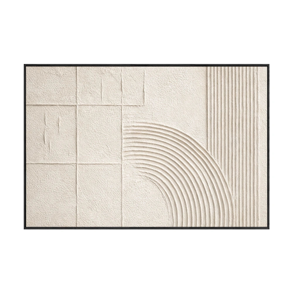 Neutral Beige White Geometric Lines Abstract Textured Minimalist Plaster Wall Art for Modern Living Room Bedroom Office Dining Hallway Home Decor