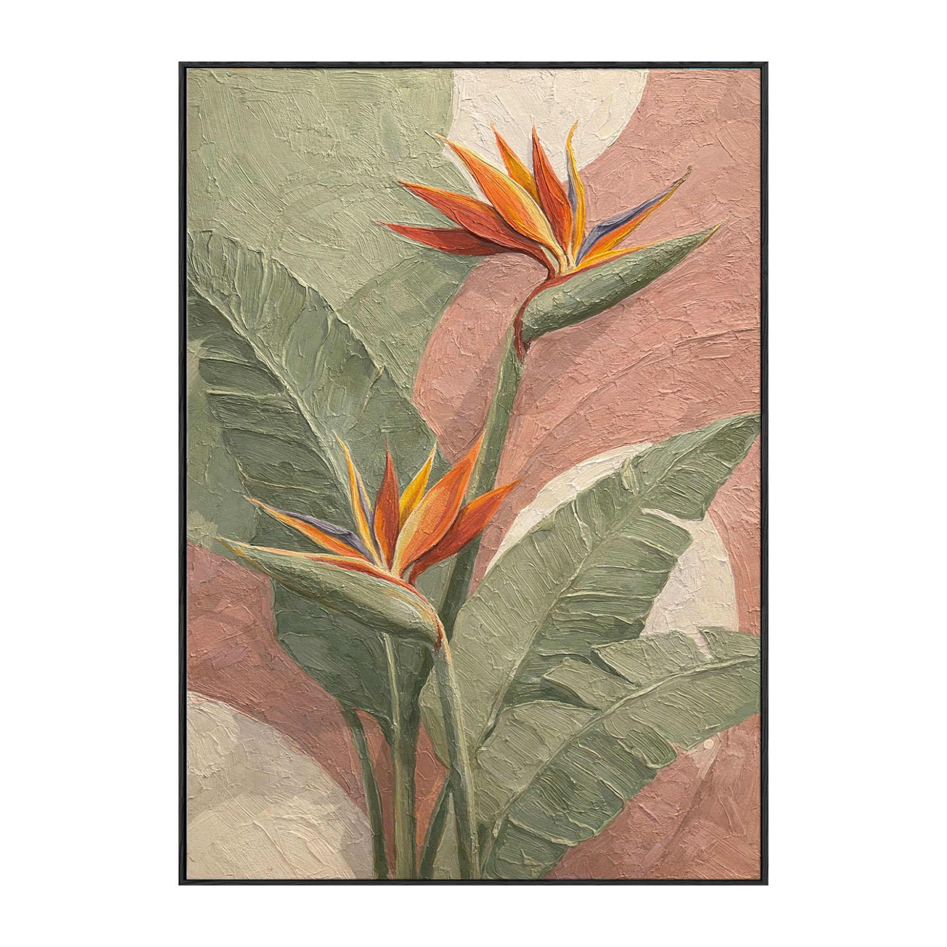 Tropical Bird of Paradise Flower Textured Wall Art, Soft Pink Green White Curved Background Modern Minimalist Botanical Canvas Print, Vibrant Orange Accent Framed Plant Painting for Home Decor