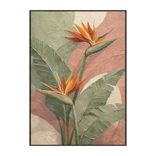 Tropical Bird of Paradise Flower Textured Wall Art, Soft Pink Green White Curved Background Modern Minimalist Botanical Canvas Print, Vibrant Orange Accent Framed Plant Painting for Home Decor