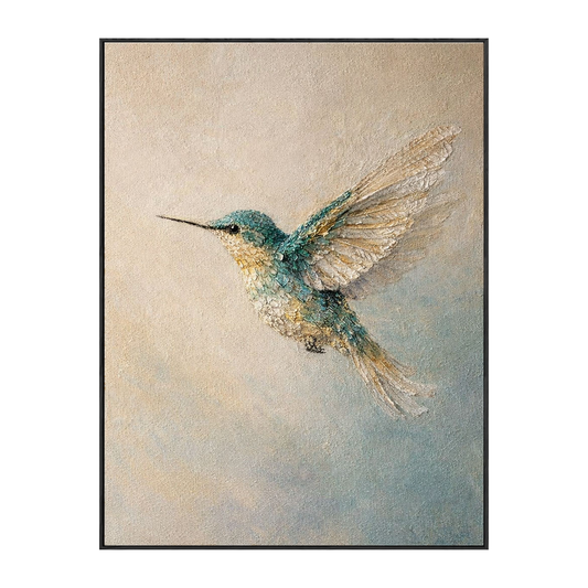 Vintage Textured Hummingbird Canvas Wall Art - Neutral Blue Beige Nature Inspired Animal Artwork for Living Room Bedroom Office Dining Room Hallway Home Decor