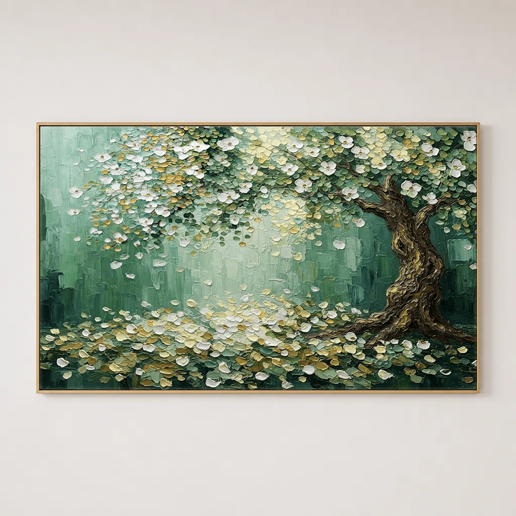 Thick Impasto Textured Flowering Tree Wall Art with Gold Accents, Nature-Inspired Green White Brown Palette Painting for Modern Home Decor, Bedroom Living Room Office Dining Hallway Mural, Canvas Artwork with Rustic Aged Details