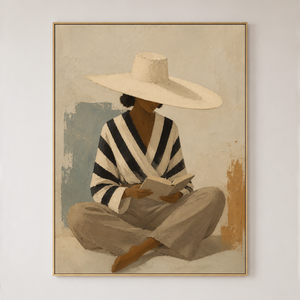 Seated Serenity: Reading Woman with Wide-Brim Hat
