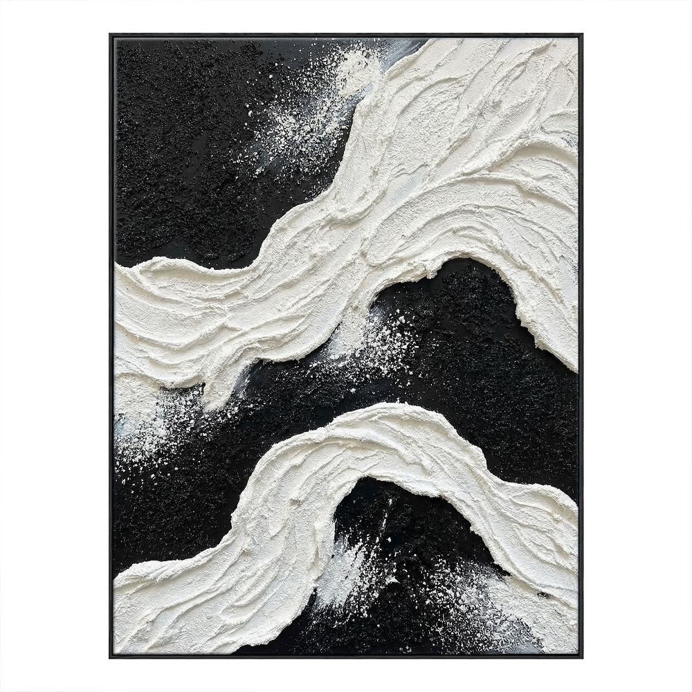 Black and White Abstract Textured Impasto Wave Wall Art Modern Minimalist Thick Paint Stacking Bold Contrast Non-Representational Canvas Artwork for Living Room Bedroom Office Home Decor