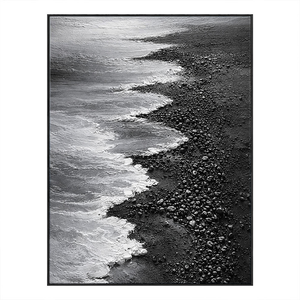 Black and White Coastal Beach Ocean Waves Crashing on Dark Pebble Shore Textured Minimalist Modern Landscape Framed Wall Art for Home Office Decor