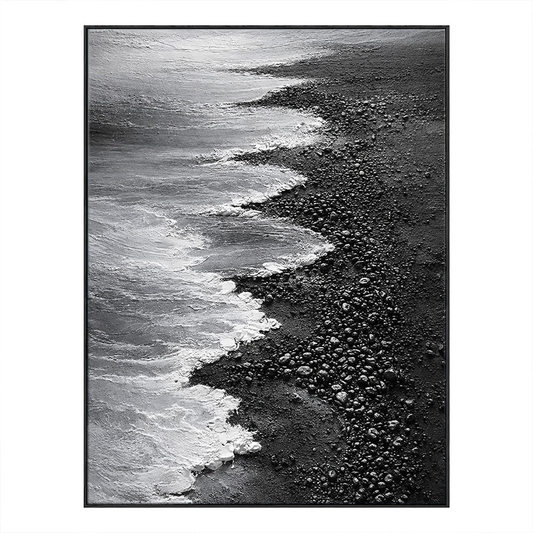 Black and White Coastal Beach Ocean Waves Crashing on Dark Pebble Shore Textured Minimalist Modern Landscape Framed Wall Art for Home Office Decor