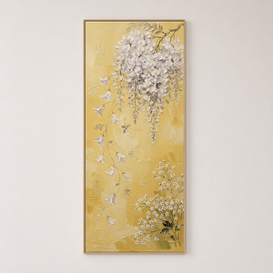 Elegant Vertical Wisteria and Baby's Breath Floral Wall Art, Soft Purple and White Cascading Blooms on Warm Yellow Background, Thick Impasto Textured Painting for Modern Home Decor Living Room Bedroom Office Dining Room Hallway