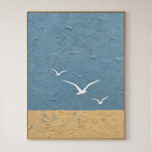 Abstract Blue Beige Vertical Textured Acrylic-Style Ocean And Sky Wall Art For Living Room