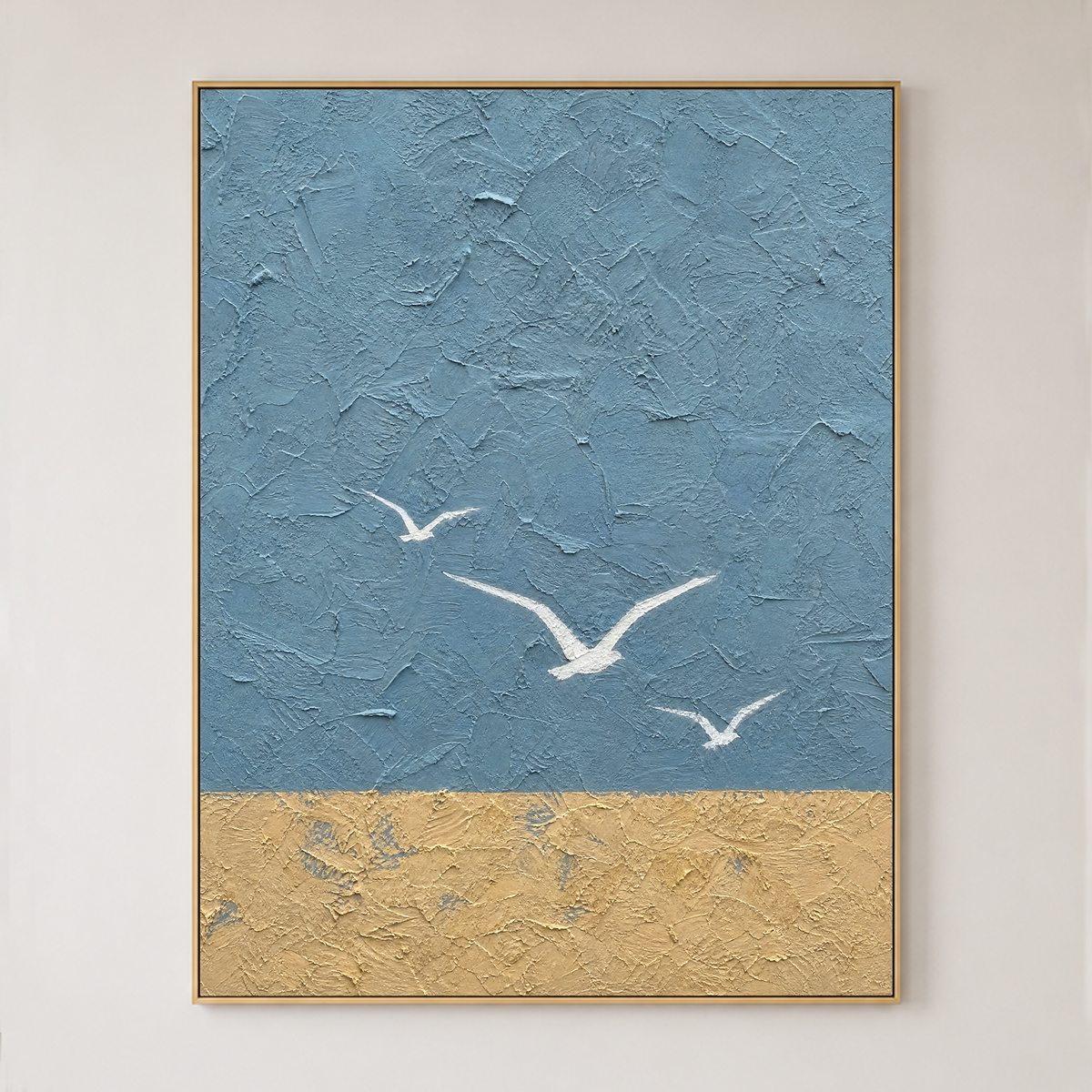 Abstract Blue Beige Vertical Textured Acrylic-Style Ocean And Sky Wall Art For Living Room