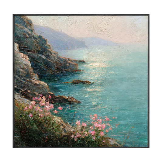 Vintage Coastal Landscape Wall Art Pink Wildflower Turquoise Ocean Rocky Cliff Impasto Painting Framed Seascape Home Decor for Living Room Bedroom Dining Room Office Hallway