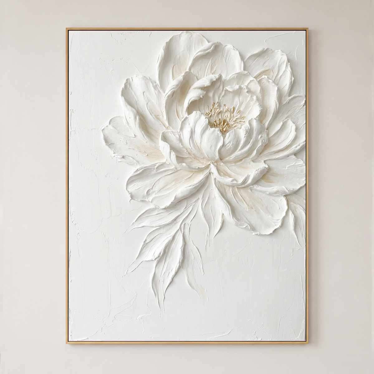 White Beige Gold Textured 3D Relief Vertical Flower Wall Art for Bedroom