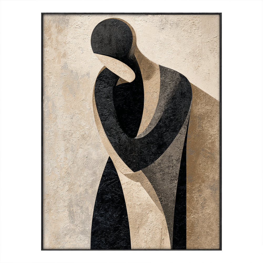 Modern Abstract Geometric Portrait Black Beige Medium Grey Figure Textured Canvas Wall Art Neutral Minimalist Figurative Artwork for Home Office Living Room Bedroom Decor