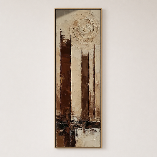 Tall Narrow Abstract Urban Landscape Impasto Wall Art Textured Brown Beige Black White Vertical Framed Artwork for Modern Living Room Office Hallway Bedroom Dining Room