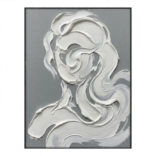 Abstract Impasto White & Medium Grey Female Portrait Textured Wall Art, Modern Minimalist Thick Paint Knife Brush Strokes Canvas Decor, Elegant Contemporary Monochrome Figure Artwork for Living Room Bedroom Office Dining Room Hallway