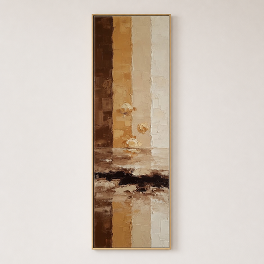 Tall Narrow Vintage Abstract Textured Wall Art Vertical Framed Canvas with Brown Beige Gold White Floral Reflection Blocks for Living Room Bedroom Office Hallway Dining Room Decor