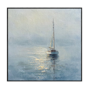 Serene Sailboat at Dawn Coastal Framed Impasto Wall Art, Soft Blue White Beige Gold Nautical Ocean Landscape Painting, Textured Calm Sea Decor for Home Living Room Bedroom Office Dining Room Hallway