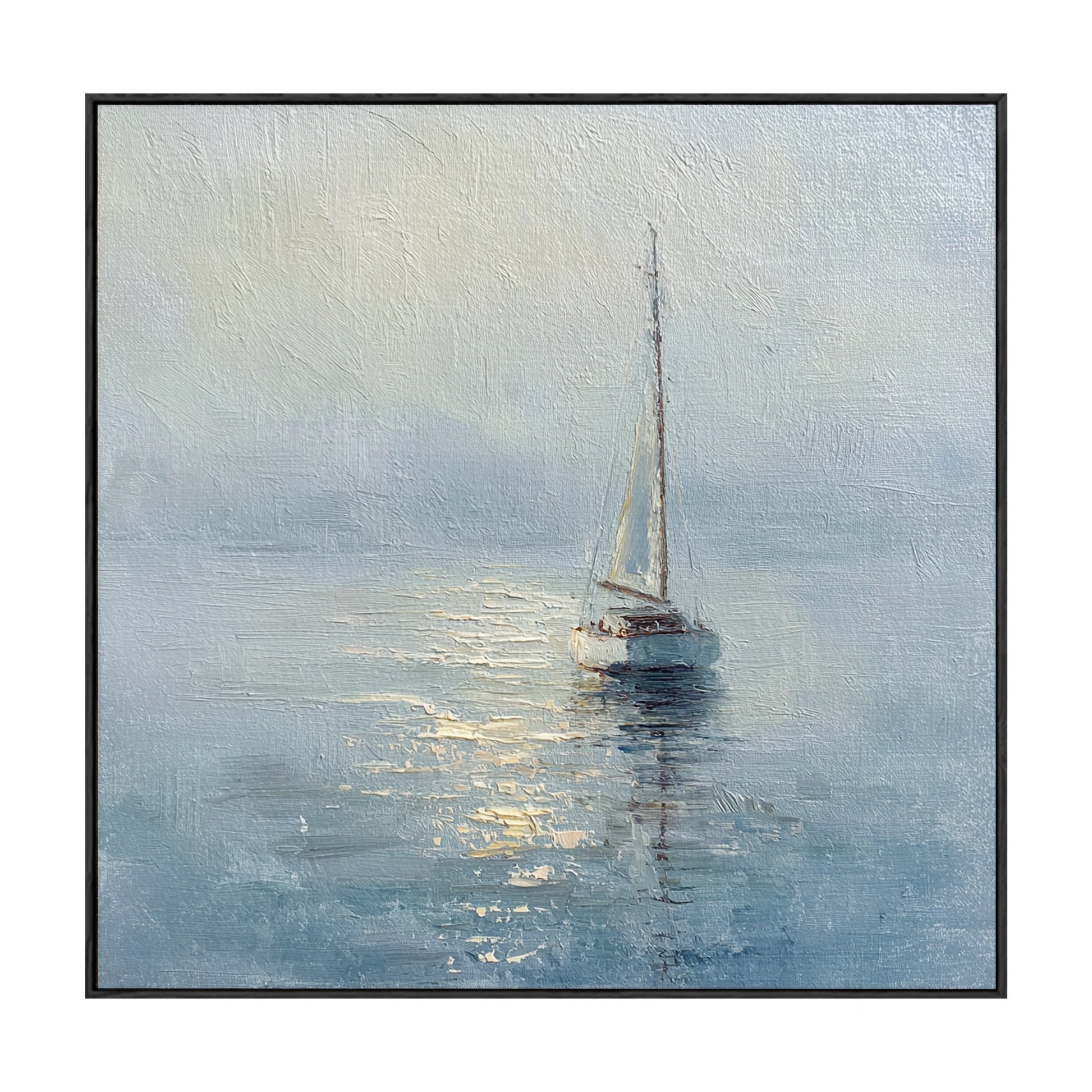 Serene Sailboat at Dawn Coastal Framed Impasto Wall Art, Soft Blue White Beige Gold Nautical Ocean Landscape Painting, Textured Calm Sea Decor for Home Living Room Bedroom Office Dining Room Hallway