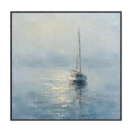 Serene Sailboat at Dawn Coastal Framed Impasto Wall Art, Soft Blue White Beige Gold Nautical Ocean Landscape Painting, Textured Calm Sea Decor for Home Living Room Bedroom Office Dining Room Hallway
