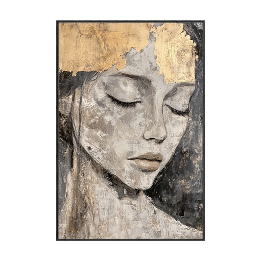 Vintage Textured Woman Portrait Framed Canvas Wall Art, Neutral Aged Female Face Painting with Gold Accents, Elegant Moody Artwork for Living Room Bedroom Office Hallway Dining Room Decor