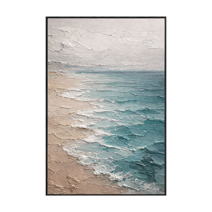 Textured Impasto Coastal Beach Scene Wall Art, Blue Ocean White Waves Beige Sand Light Grey Sky Framed Canvas Artwork, Minimalist Nature Inspired Decor for Living Room Bedroom Office Hallway Dining Room