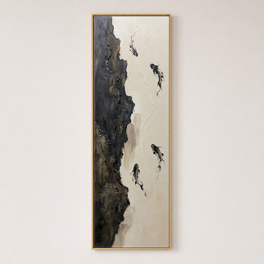Abstract Black White Brown Beige Koi Fish Impasto Textured Vertical Wall Art Minimalist Nature-Inspired Framed Canvas, Perfect for Modern Home Office Living Room Bedroom Hallway Dining Room Decor