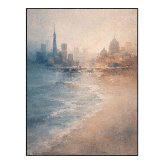 Vintage Soft Blue Beige White Urban Coastal Skyline Textured Framed Canvas Wall Art, Muted Impressionist Coastal City Architecture & Seaside Painting for Modern Minimalist Home Decor