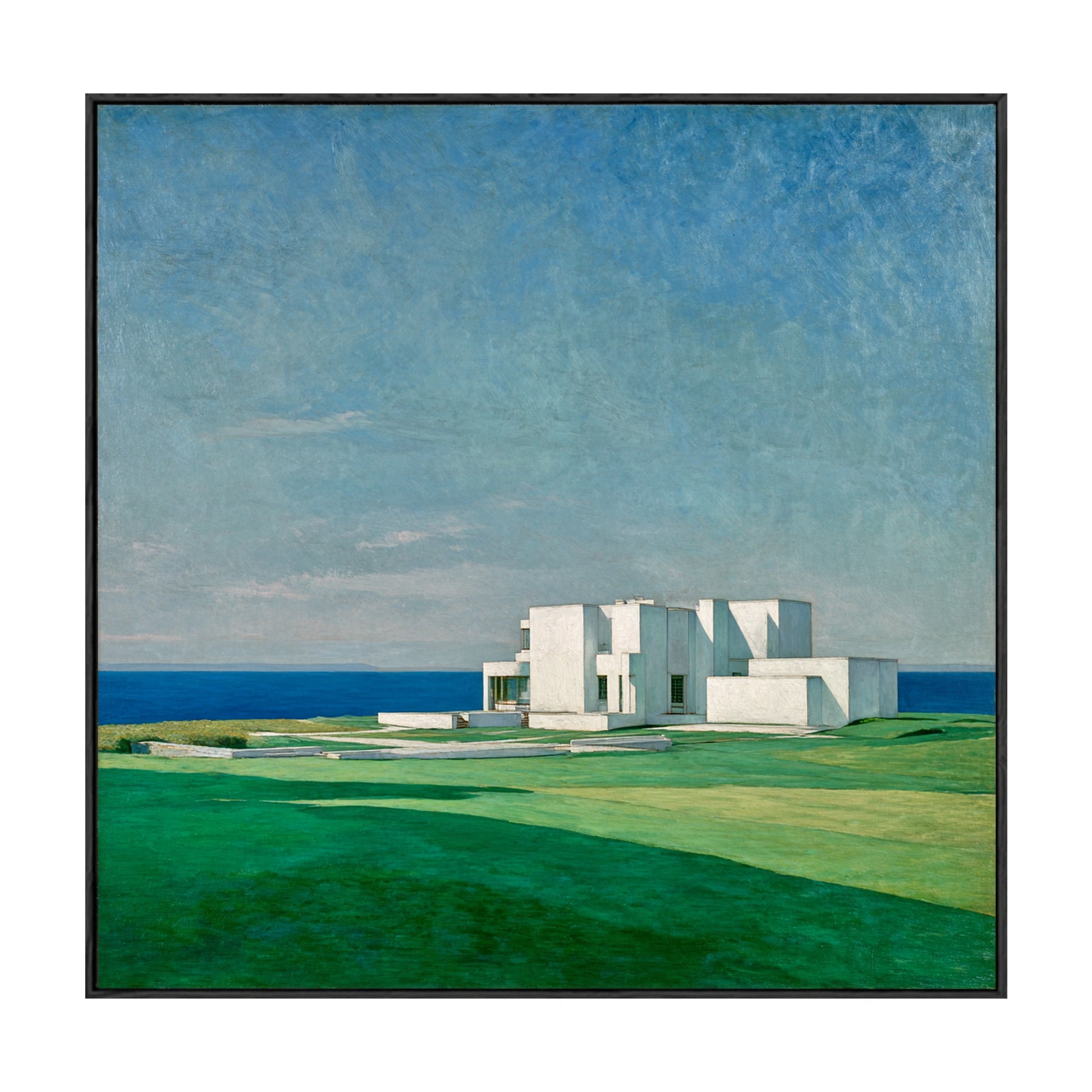 Coastal Minimalist White Villa Landscape Wall Art Blue Ocean Green Lawn Canvas Decor for Modern Home Living Room Bedroom Office