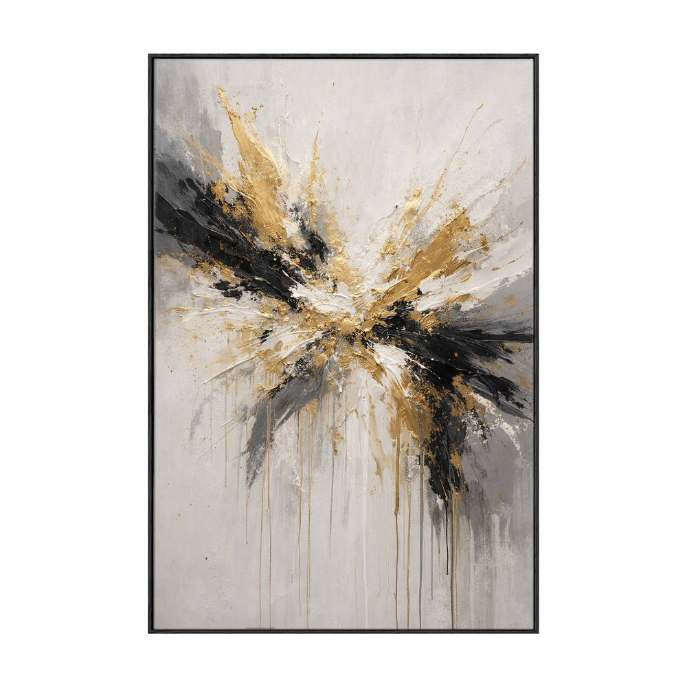 Modern Abstract Impasto Wall Art Gold Black White Medium Grey Splash Thick Knife Paint Textured Canvas Artwork Elegant Contemporary Decor for Living Room Bedroom Office Dining Room Hallway