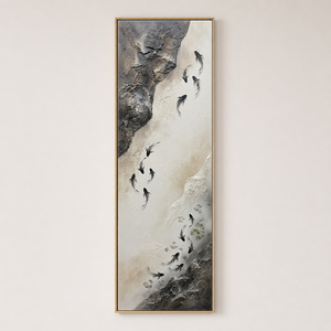 Minimalist Textured Koi Fish Vertical Framed Wall Art, Neutral Black White Beige Dark Grey Swimming Fish Nature Inspired Artwork for Modern Home Decor