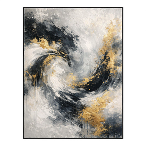 Elegant Modern Abstract Swirling Black White Dark Grey Light Gold Textured Wall Art Thick Paint Knife Marks Contemporary Bold Contrast Artwork for Sophisticated Home and Office Decor