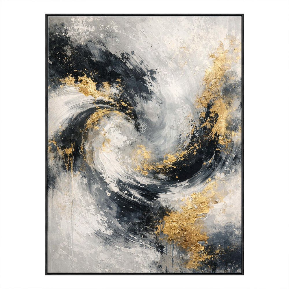 Elegant Modern Abstract Swirling Black White Dark Grey Light Gold Textured Wall Art Thick Paint Knife Marks Contemporary Bold Contrast Artwork for Sophisticated Home and Office Decor