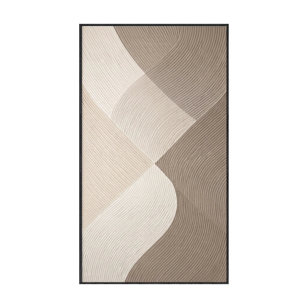 Modern Minimalist Abstract Curved Waves Neutral Beige Brown White Textured Framed Wall Art, Elegant Handcrafted Geometric Line Painting for Contemporary Home Decor