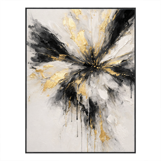 Modern Abstract Black White Gold Impasto Wall Art, Radial Splash Textured Canvas Painting, Thick Knife Brush Marks Framed Artwork for Living Room Bedroom Office Hallway Dining Room, Contemporary Minimalist Home Decor Accent