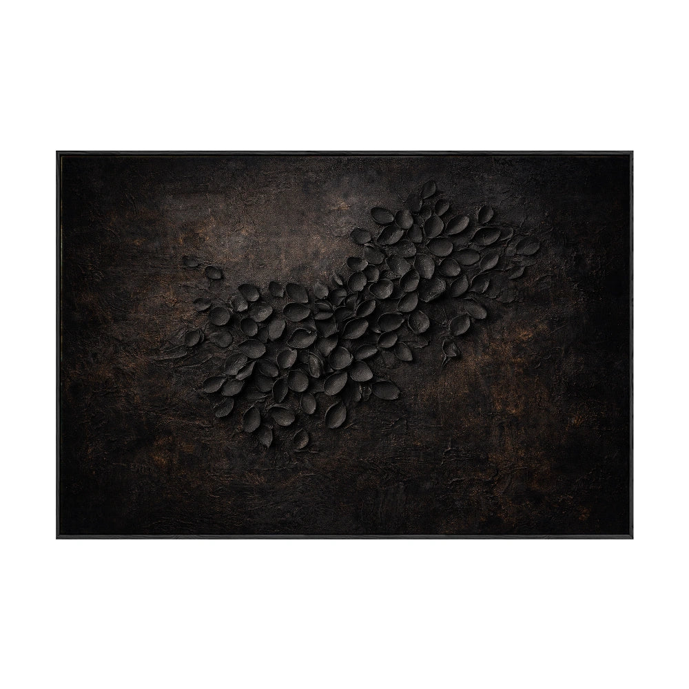 Dark Aesthetic 3D Textured Floral Relief Wall Art with Black Overlapping Petal Sculptures and Aged Worn Brown Earthy Base, Moody Monochrome Botanical Decor for Minimalist Modern Industrial Living Space