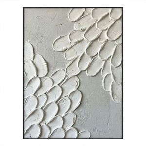 Minimalist Abstract Organic Textured Wall Art, Thick White Impasto Petal Scale Forms on Soft Light Grey Canvas Base, Modern Neutral Non-Representational Home Decor, 3D Brush Stroke Detail, Office, Living Room, Bedroom Decor
