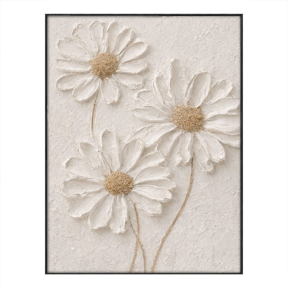 White Daisy 3D Textured Impasto Wall Art, Neutral Beige & White Floral Minimalist Artwork, Modern Farmhouse Plaster-Inspired Living Room Bedroom Decor