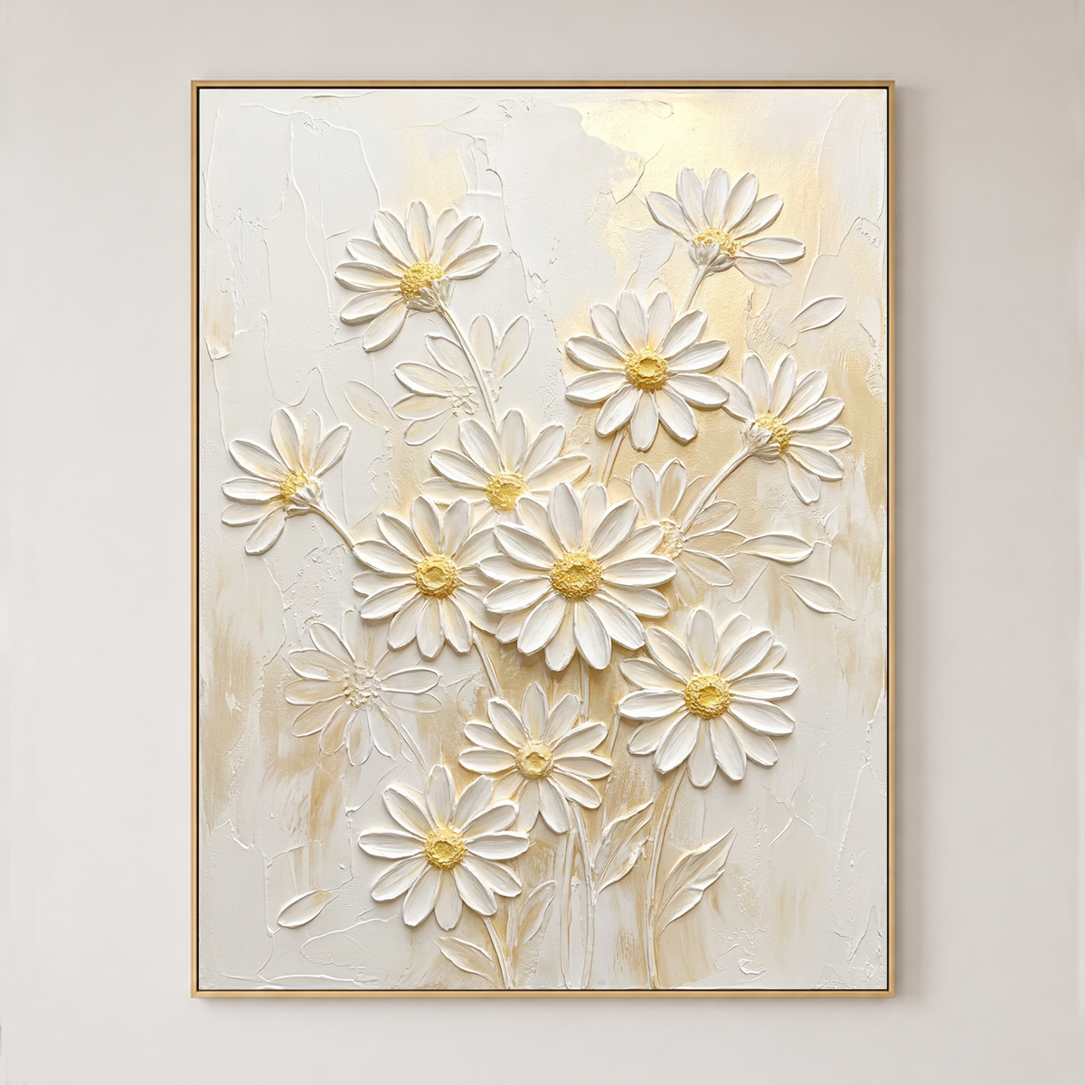White and Gold Daisy Flower 3D Relief Textured Vertical Wall Art for Living Room