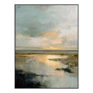Tranquil Textured Impasto Marshland Sunset Wall Art, Abstract Coastal Wetland Nature Scene Decor, Muted Blue Grey Green Beige Gold Sky Water Painting Style for Modern Farmhouse Living Room Bedroom Dining Office
