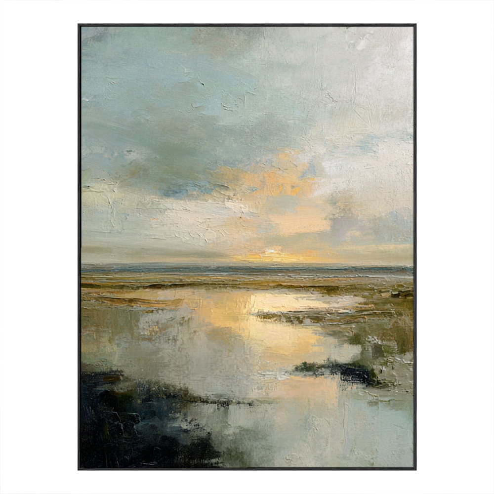 Tranquil Textured Impasto Marshland Sunset Wall Art, Abstract Coastal Wetland Nature Scene Decor, Muted Blue Grey Green Beige Gold Sky Water Painting Style for Modern Farmhouse Living Room Bedroom Dining Office