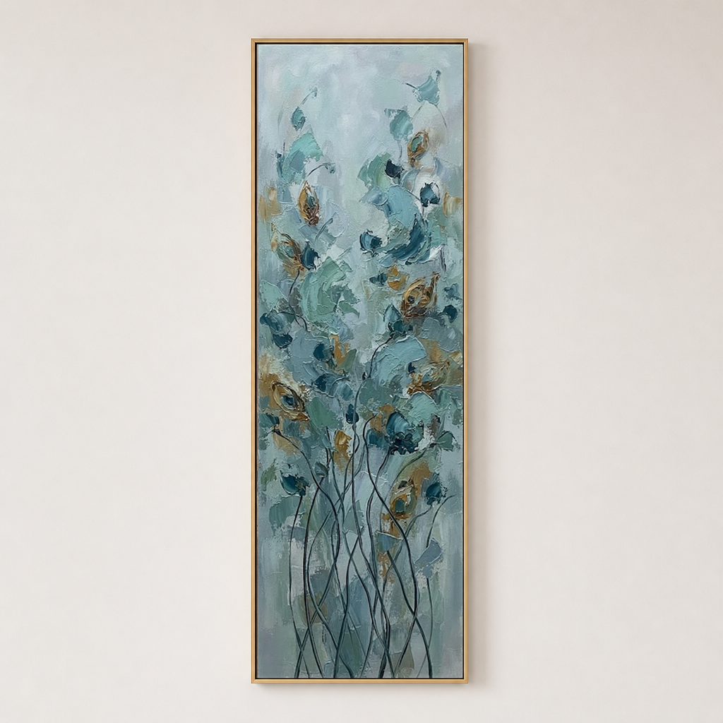 Tall Vertical Abstract Blue Beige Gold Floral Impasto Canvas Wall Art - Soft Muted Botanical Flower and Tree Artwork with Thick Knife Brush Paint Stacking, Minimal Elegant Textured Decor for Living Room Bedroom Office Hallway Dining Room