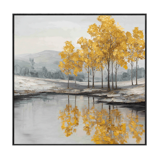 Golden Tree Reflection Landscape Wall Art Textured Impasto Framed Artwork Muted Grey White Lake Scene Wall Decor for Living Room Bedroom Office Dining Hallway