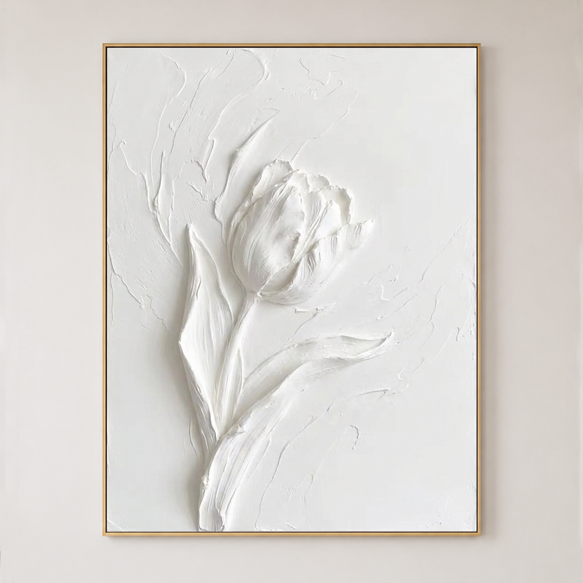 White Minimalist Textured Flower Vertical Wall Art with Plaster Texture for Bedroom and Living Room
