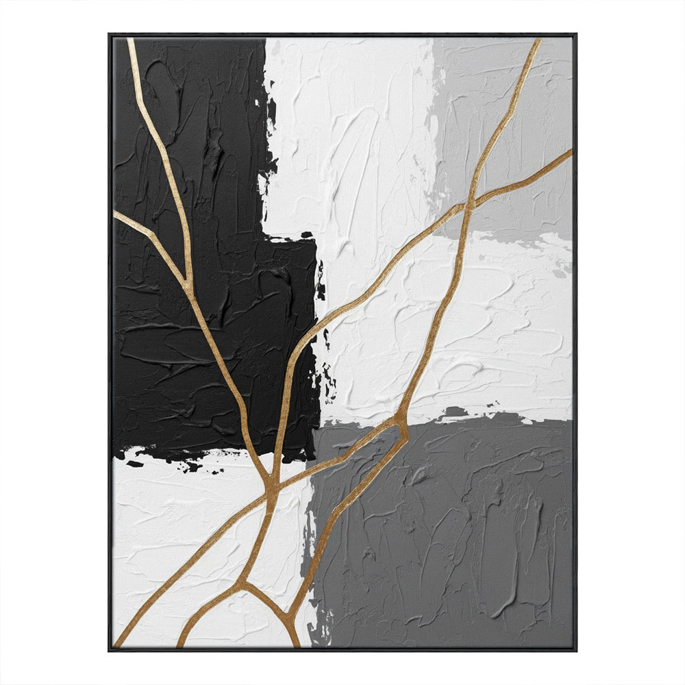 Black White Grey Gold Abstract Textured Impasto Wall Art Bold Contrast Thick Knife Brush Marks Modern Minimalist Painting Contemporary Home Office Living Room Bedroom Hallway Dining Room Decor