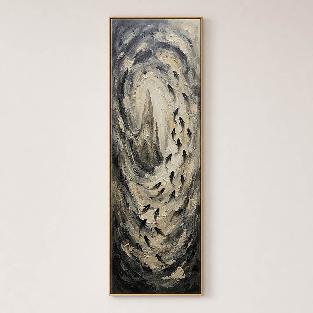 Monochrome Textured Swirling Black Beige Dark Grey Impasto Abstract Vertical Framed Wall Art with Silhouetted Fish School Motifs – Muted Elegant Decor for Contemporary Home or Office Spaces