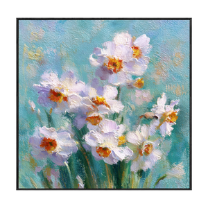 White Daffodils Flower Impasto Oil Painting on Canvas, Turquoise Blue Background Textured Floral Wall Art, Modern Living Room Bedroom Home Decor