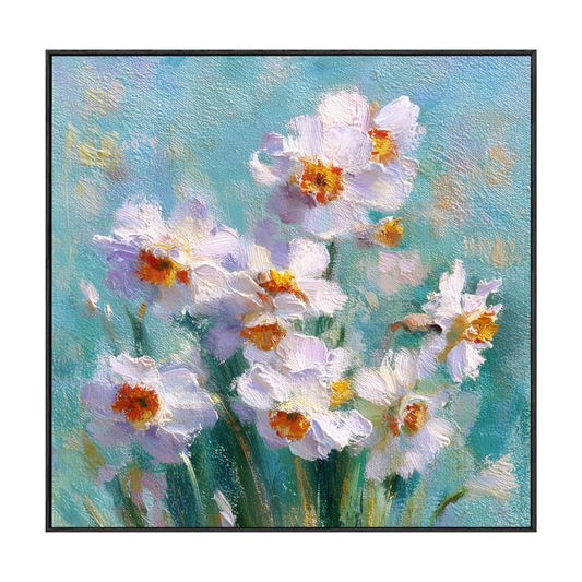 White Daffodils Flower Impasto Oil Painting on Canvas, Turquoise Blue Background Textured Floral Wall Art, Modern Living Room Bedroom Home Decor