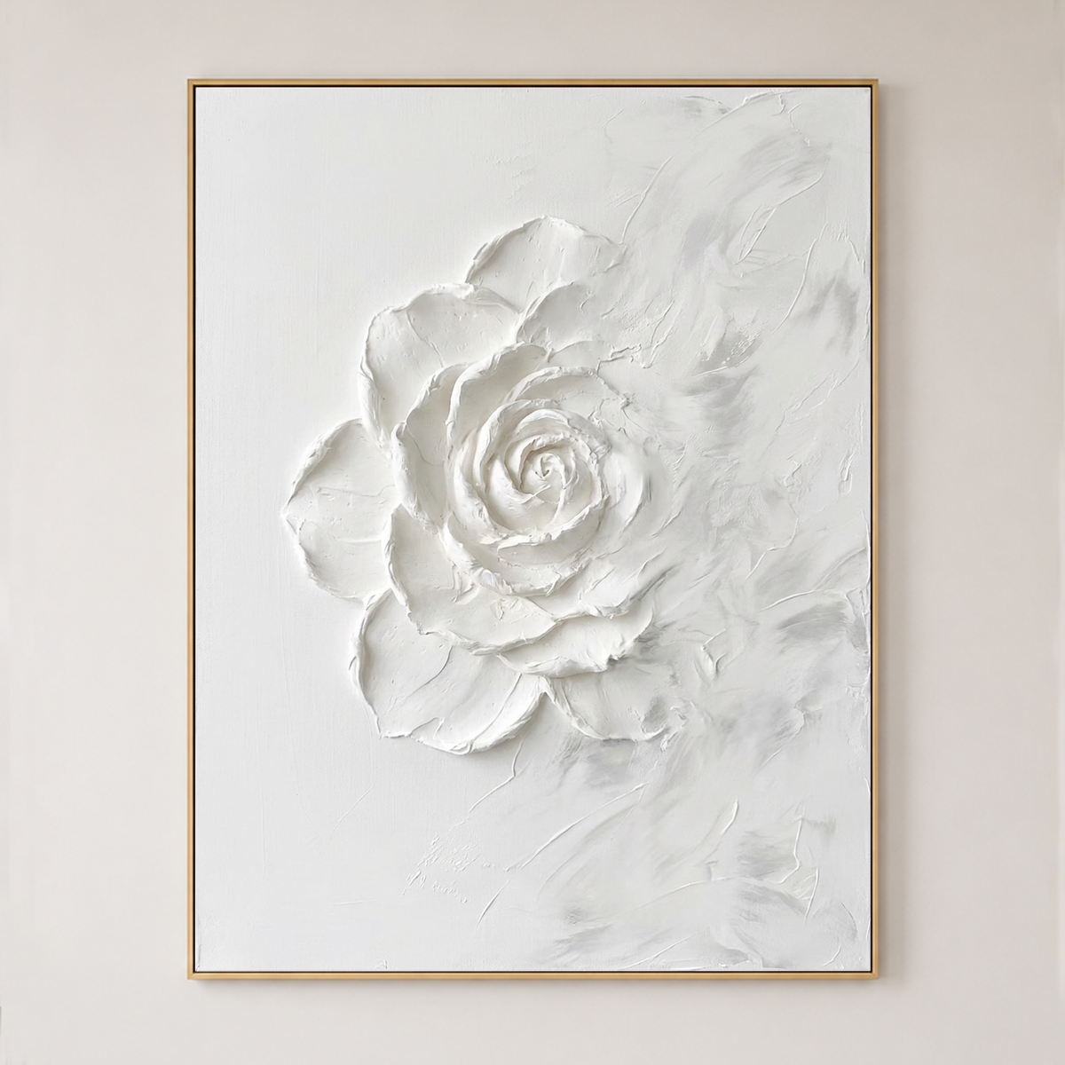 White Textured Flower Vertical Wall Art with Plaster-Style Texture for Living Room or Bedroom